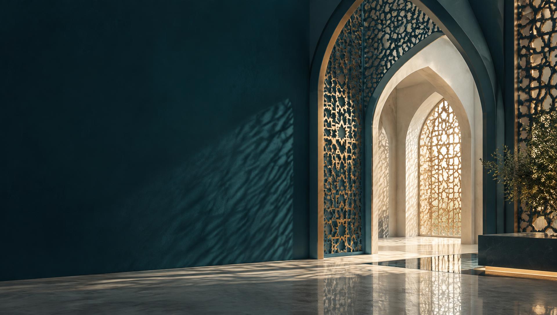 Sunlight passing through Islamic geometric screens and a sculpted arch