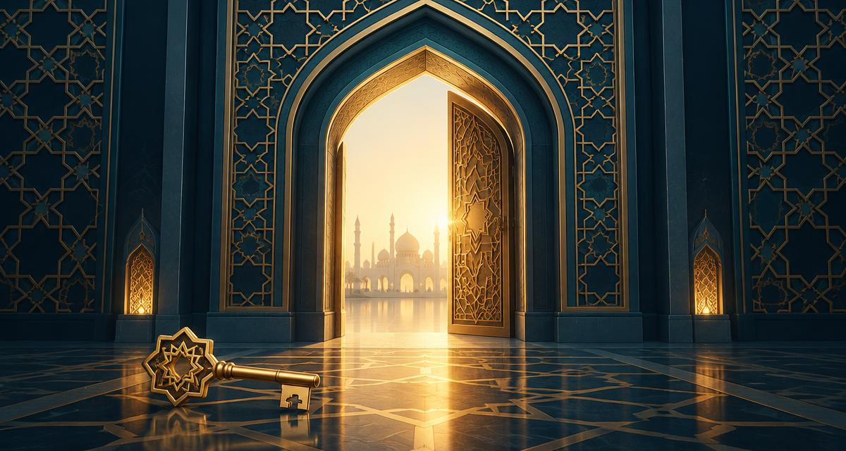 Islamic geometric archway opening onto a glowing masjid, with a golden key