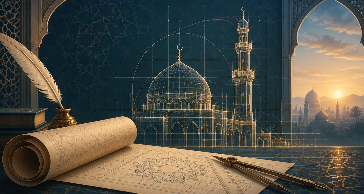 Golden architectural drawing of a masjid dome and minaret beside a scroll and quill